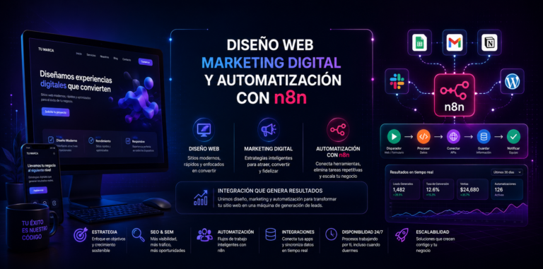 Diseño web, marketing digital y automatización con n8n en una ilustración futurista con paneles digitales, flujos de trabajo automatizados, integraciones entre aplicaciones y un dashboard de analítica para la generación de leads.
