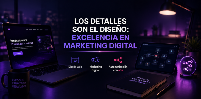 Escritorio de oficina con servicios de diseño web, marketing digital y automatización con n8n, destacando la importancia de los detalles para obtener resultados.