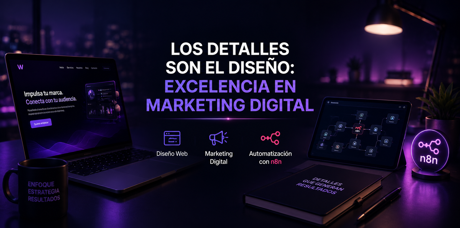 Escritorio de oficina con servicios de diseño web, marketing digital y automatización con n8n, destacando la importancia de los detalles para obtener resultados.