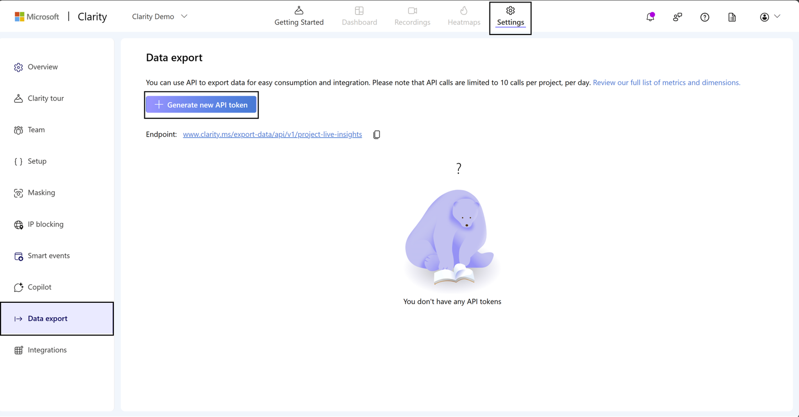 Pantalla de generación de token API en la configuración de Microsoft Clarity - Exportar datos