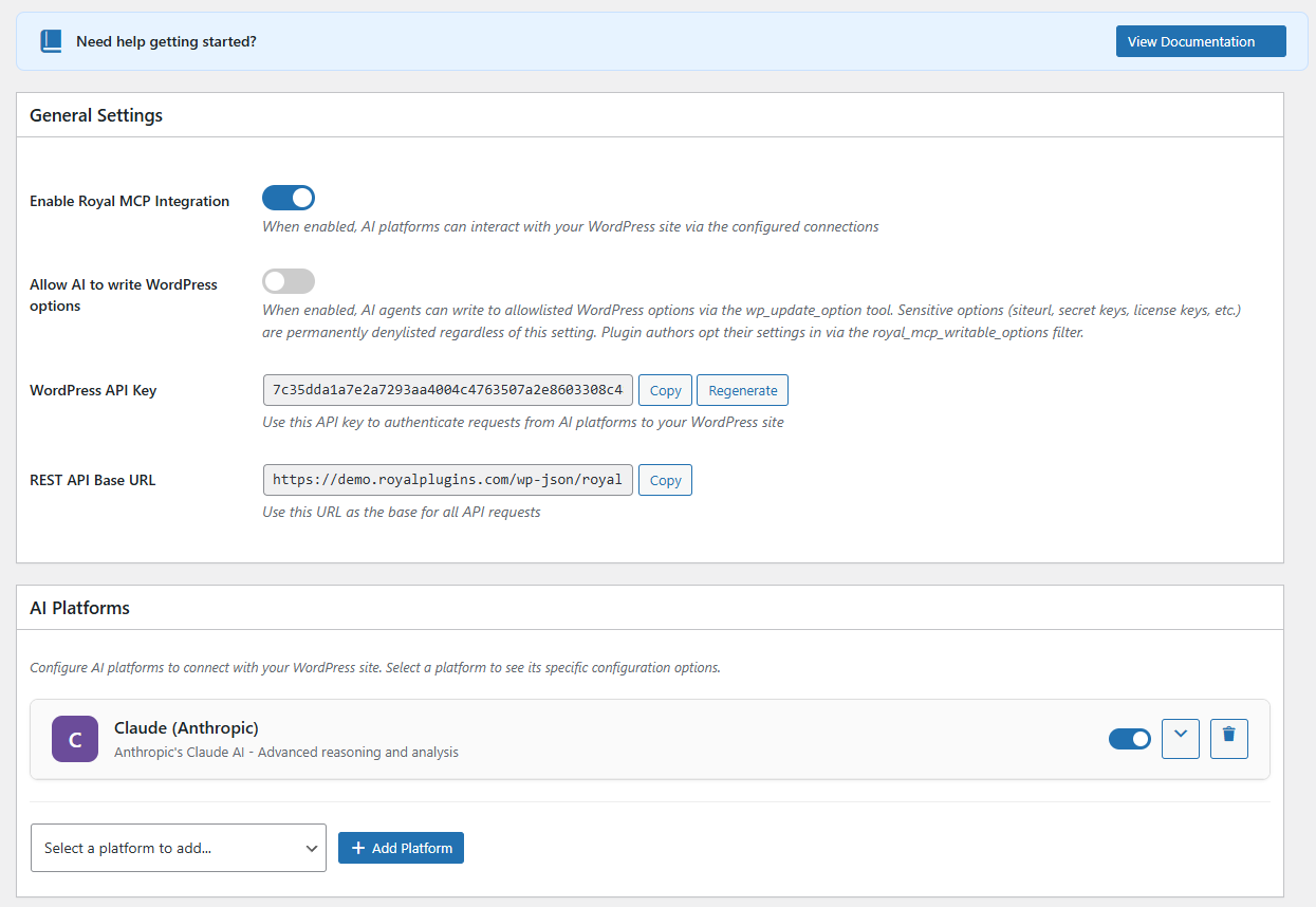 Royal MCP panel de configuración en WordPress
